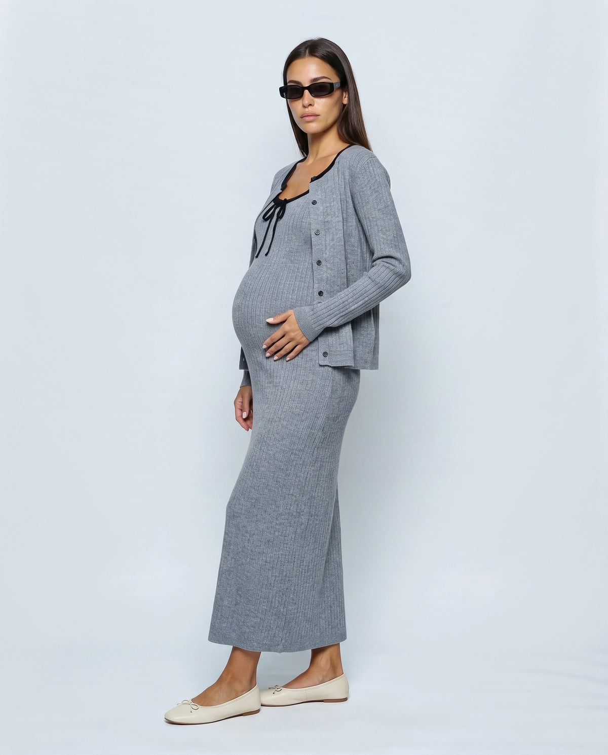 Margot Maternity Dress & Cardigan Set in Heather grey, side view