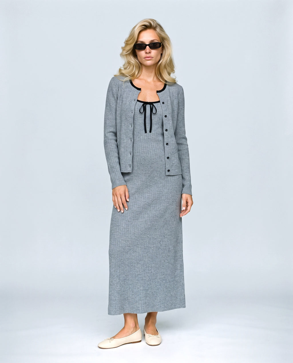 Margot Maternity Dress & Cardigan Set in Heather grey, front view on a non-pregnant model