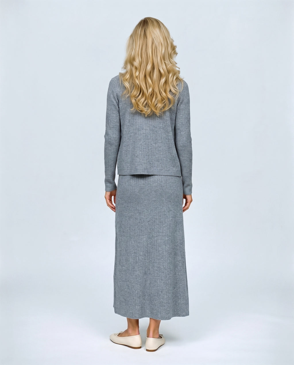 Margot Maternity Dress & Cardigan Set in Heather grey, back view on a non-pregnant model