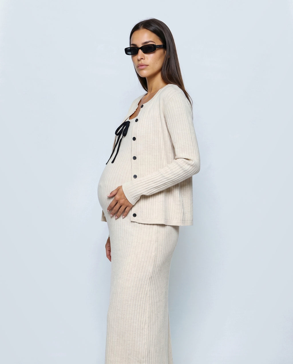 Margot Maternity Dress & Cardigan Set in Oatmeal cream, side view