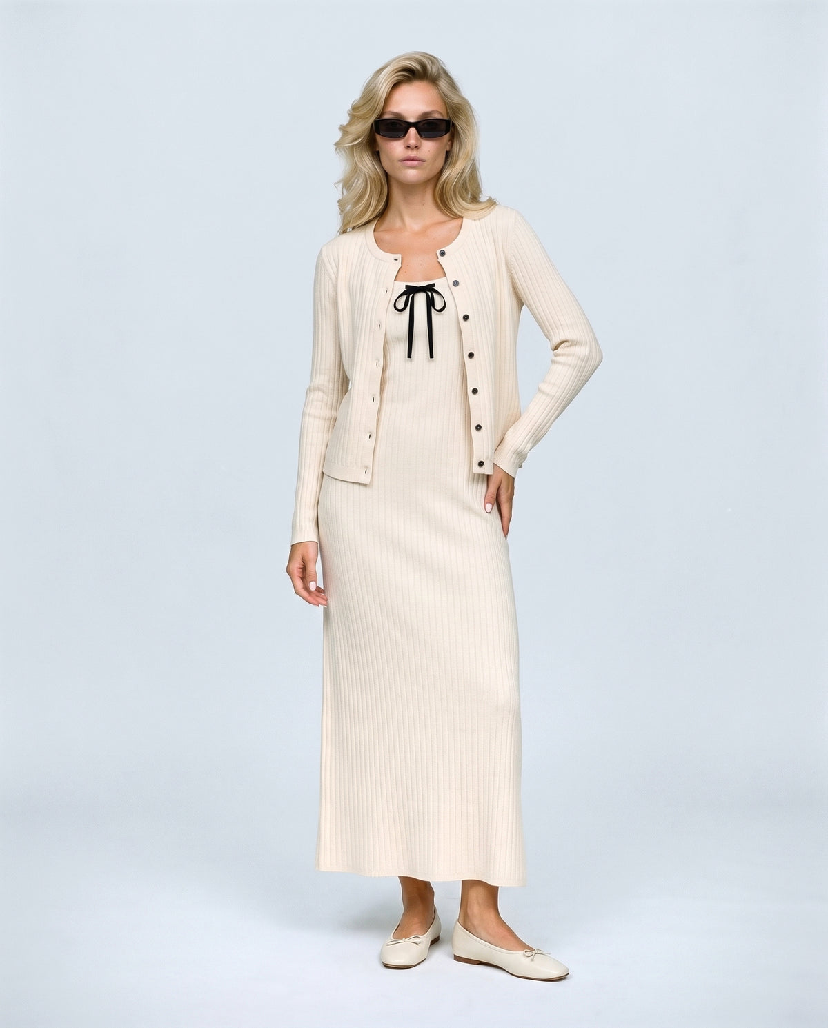 Margot Maternity Dress & Cardigan Set in Oatmeal cream, front view on a non-pregnant model