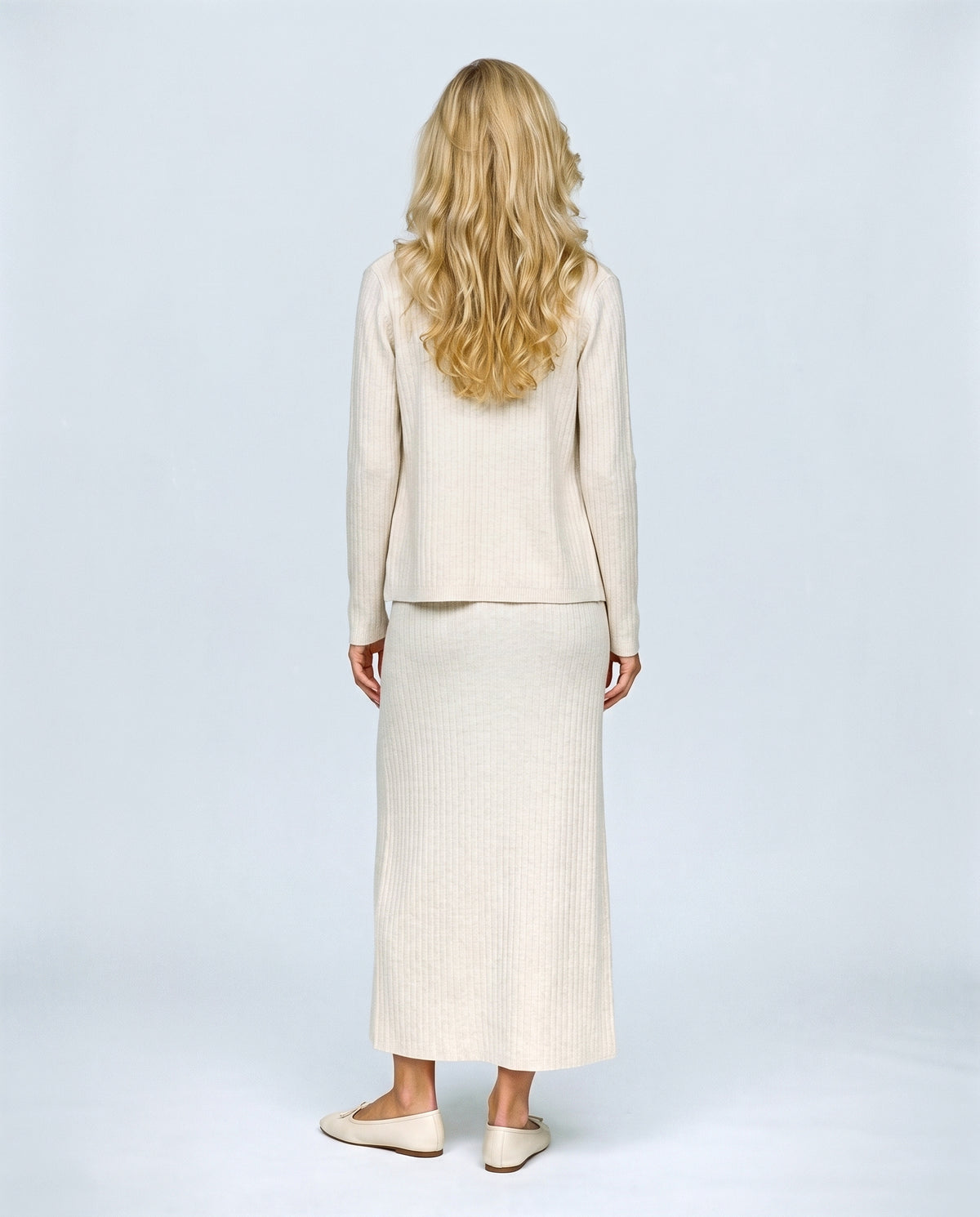 Margot Maternity Dress & Cardigan Set in Oatmeal cream, back view on a non-pregnant model