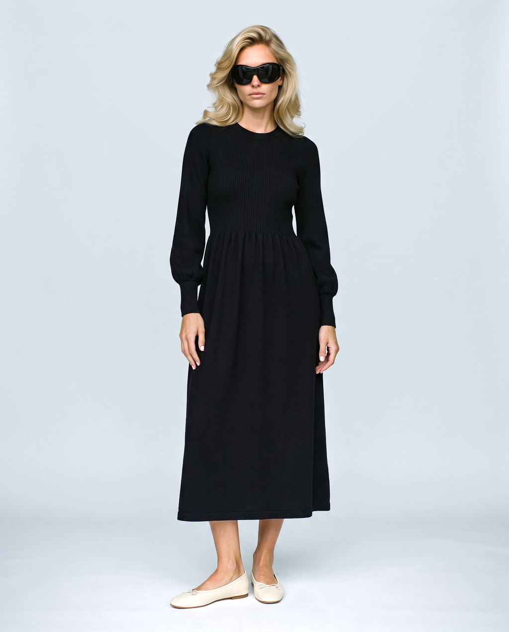 Emma Maternity Sweater Dress in Black, front view on a non-pregnant model
