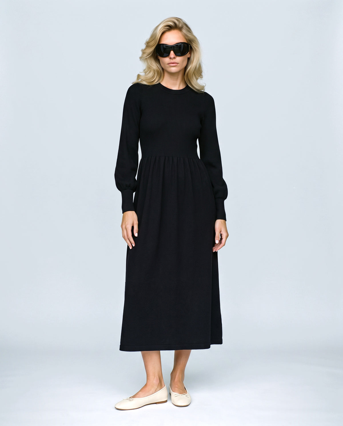 Emma Maternity Sweater Dress in Black, front view on a non-pregnant model