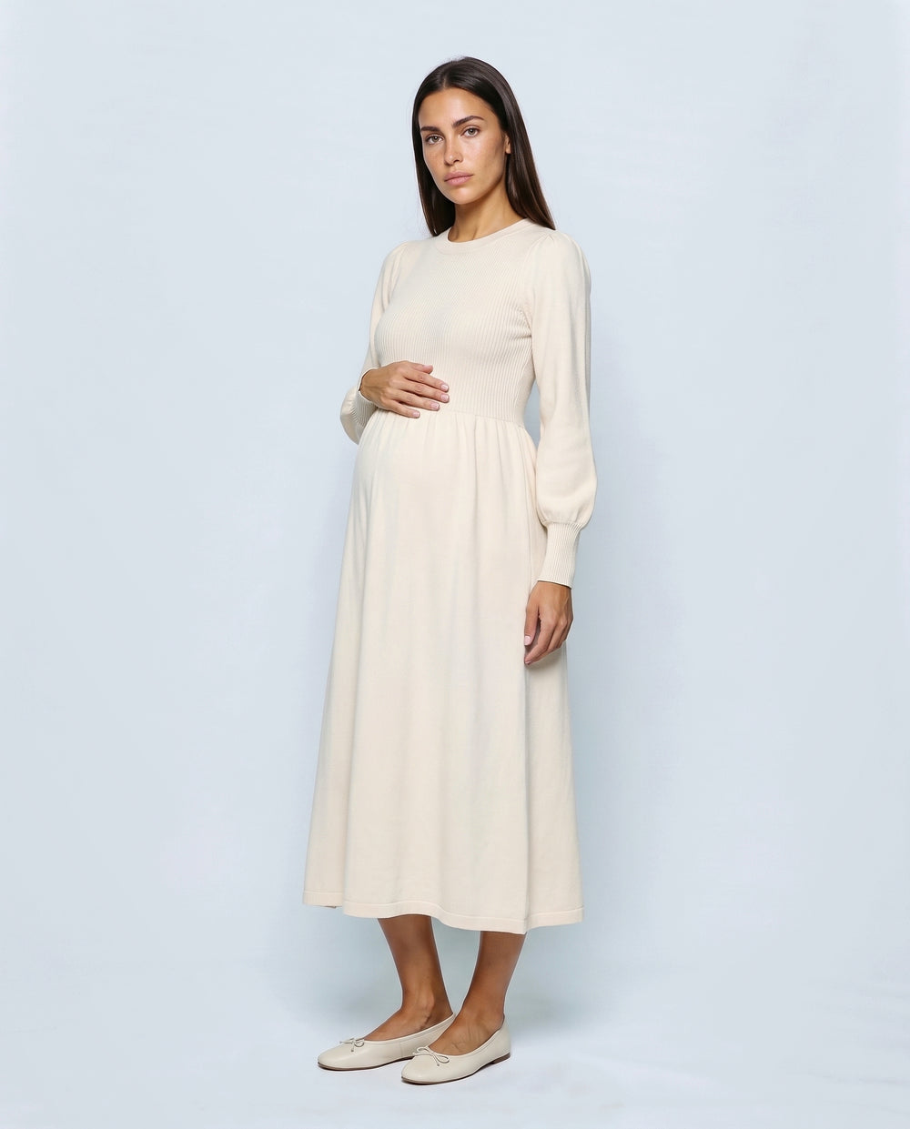 Emma Maternity Sweater Dress in Cream, front view