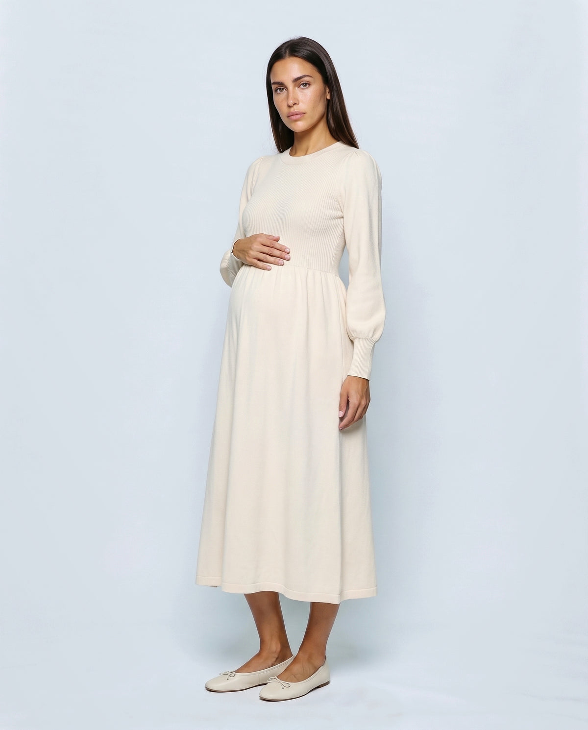Emma Maternity Sweater Dress in Cream, front view