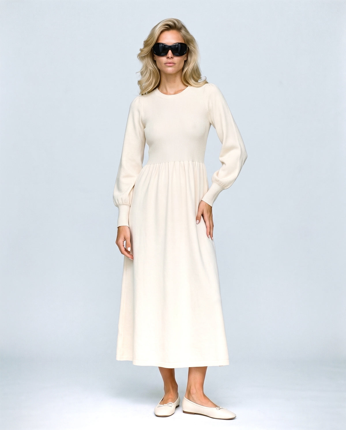 Emma Maternity Sweater Dress in Cream, front view on a non-pregnant model