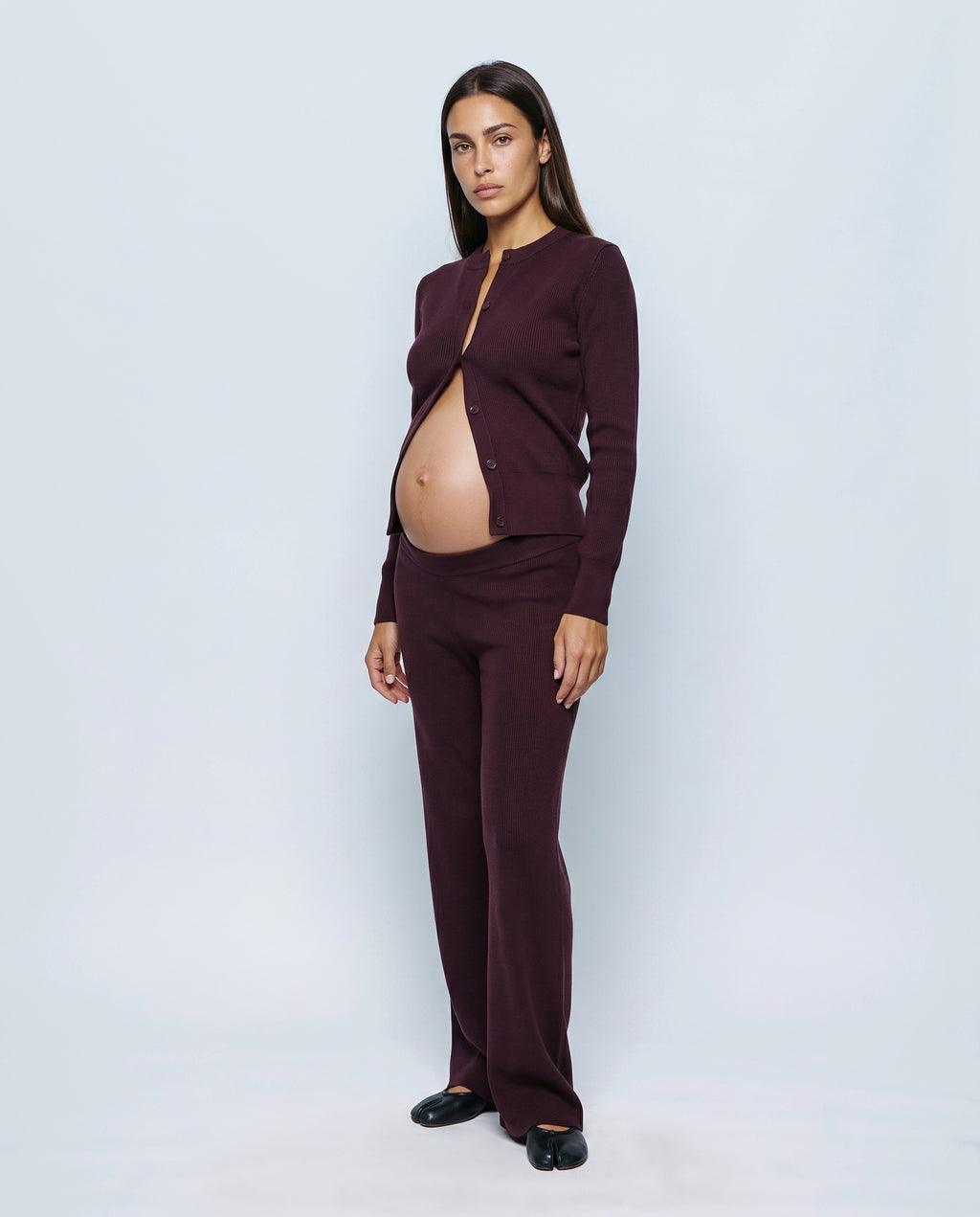 Celine Cardigan & Wide-Leg Knit Set in Aubergine coffee, front view