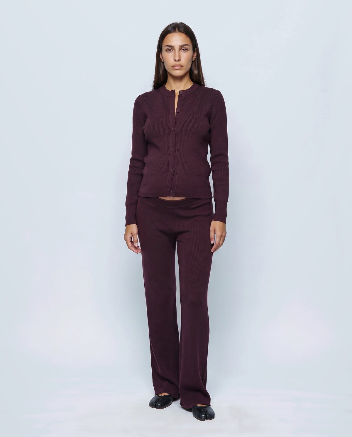 Celine Cardigan & Wide-Leg Knit Set in Aubergine coffee, closed over the bump
