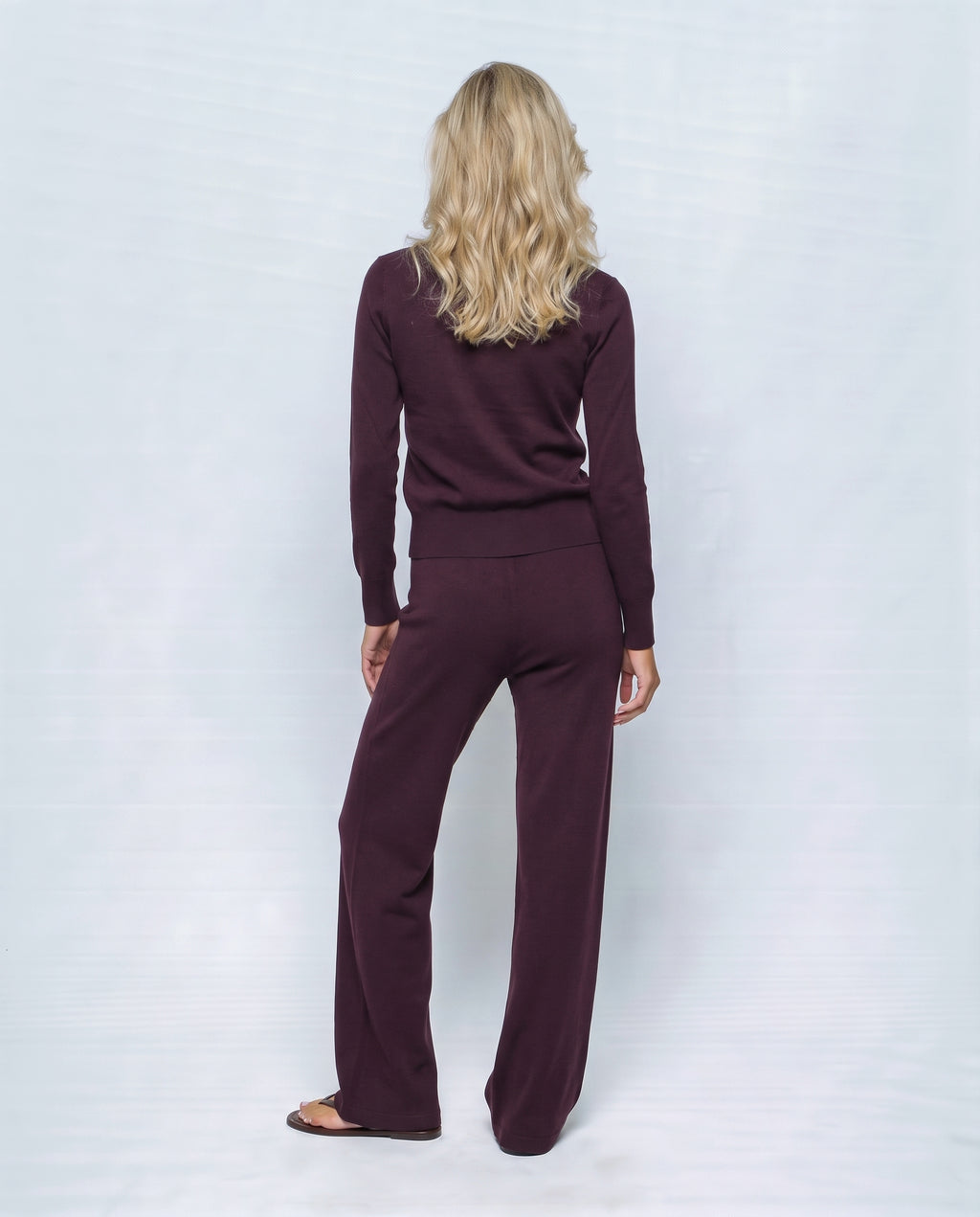 Celine Cardigan & Wide-Leg Knit Set in Aubergine coffee, back view on a non-pregnant model