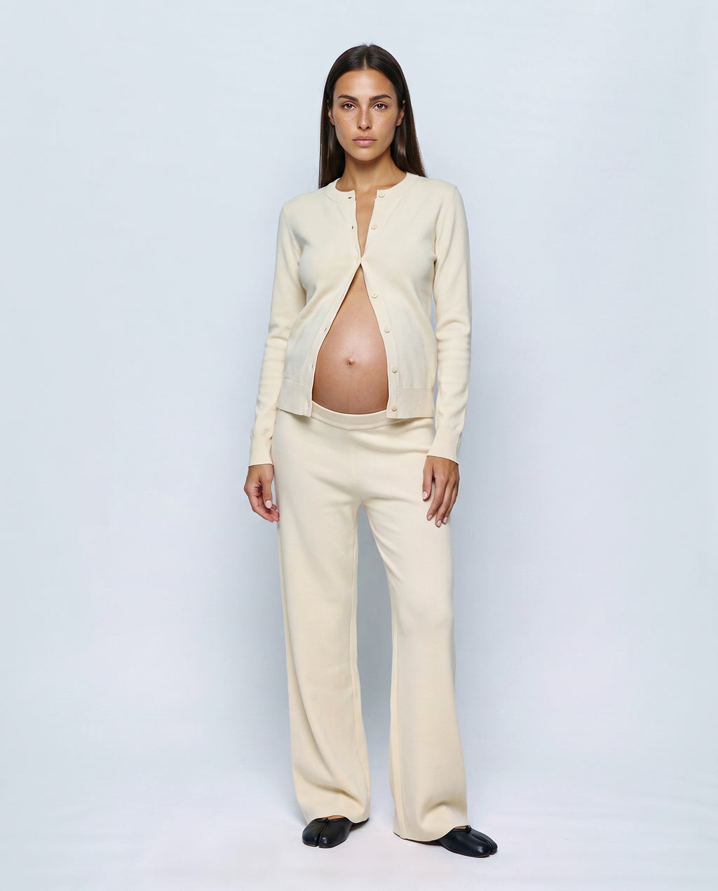 Celine Cardigan & Wide-Leg Knit Set in Ecru, front view