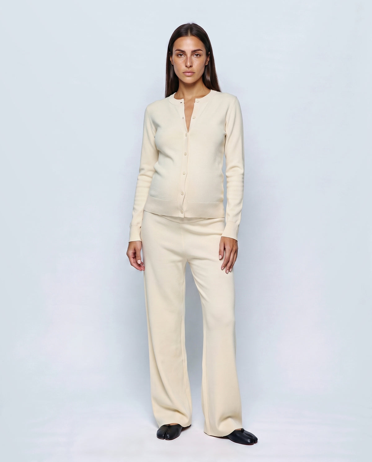 Celine Cardigan & Wide-Leg Knit Set in Ecru, closed over the bump