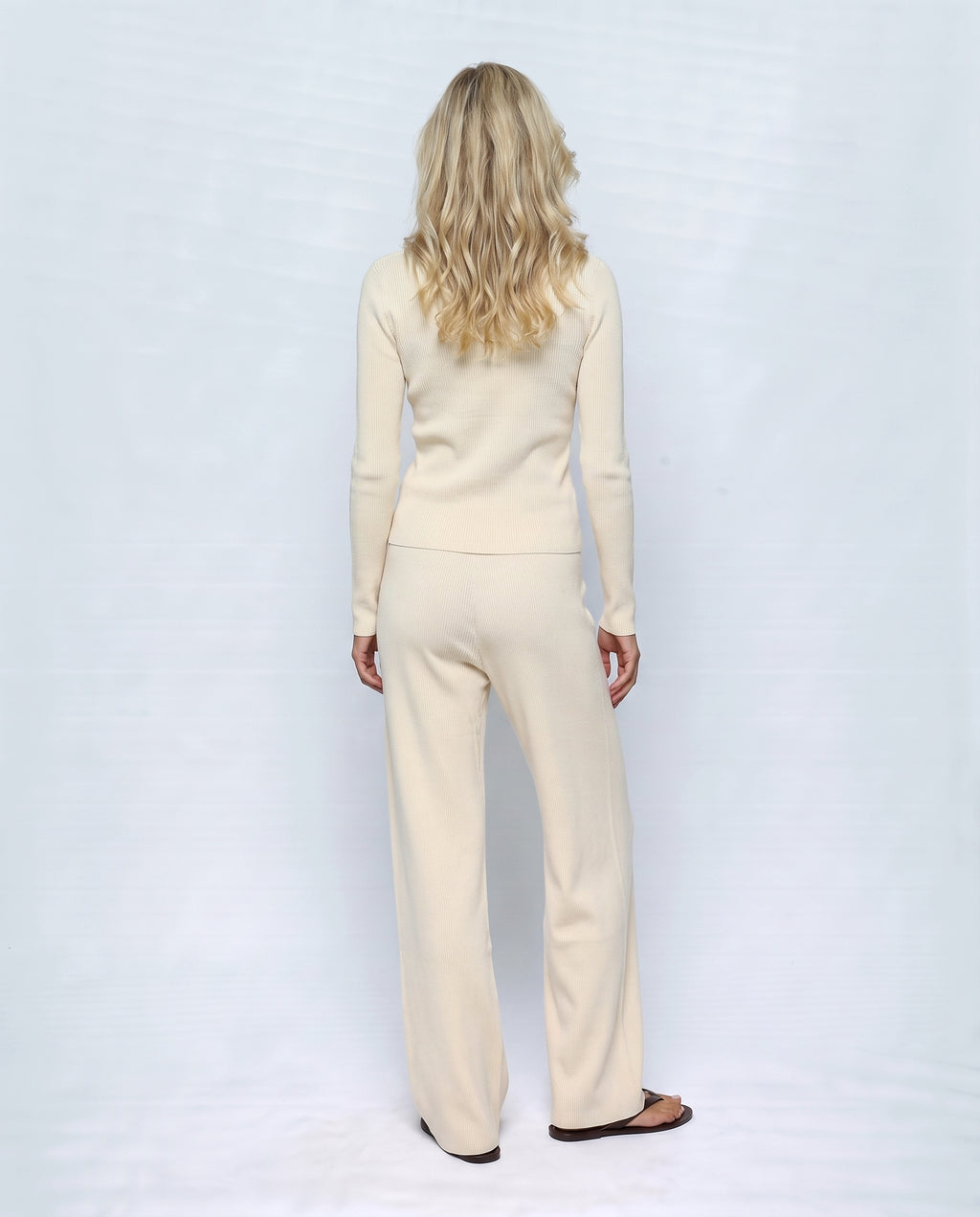Celine Cardigan & Wide-Leg Knit Set in Ecru, back view on a non-pregnant model