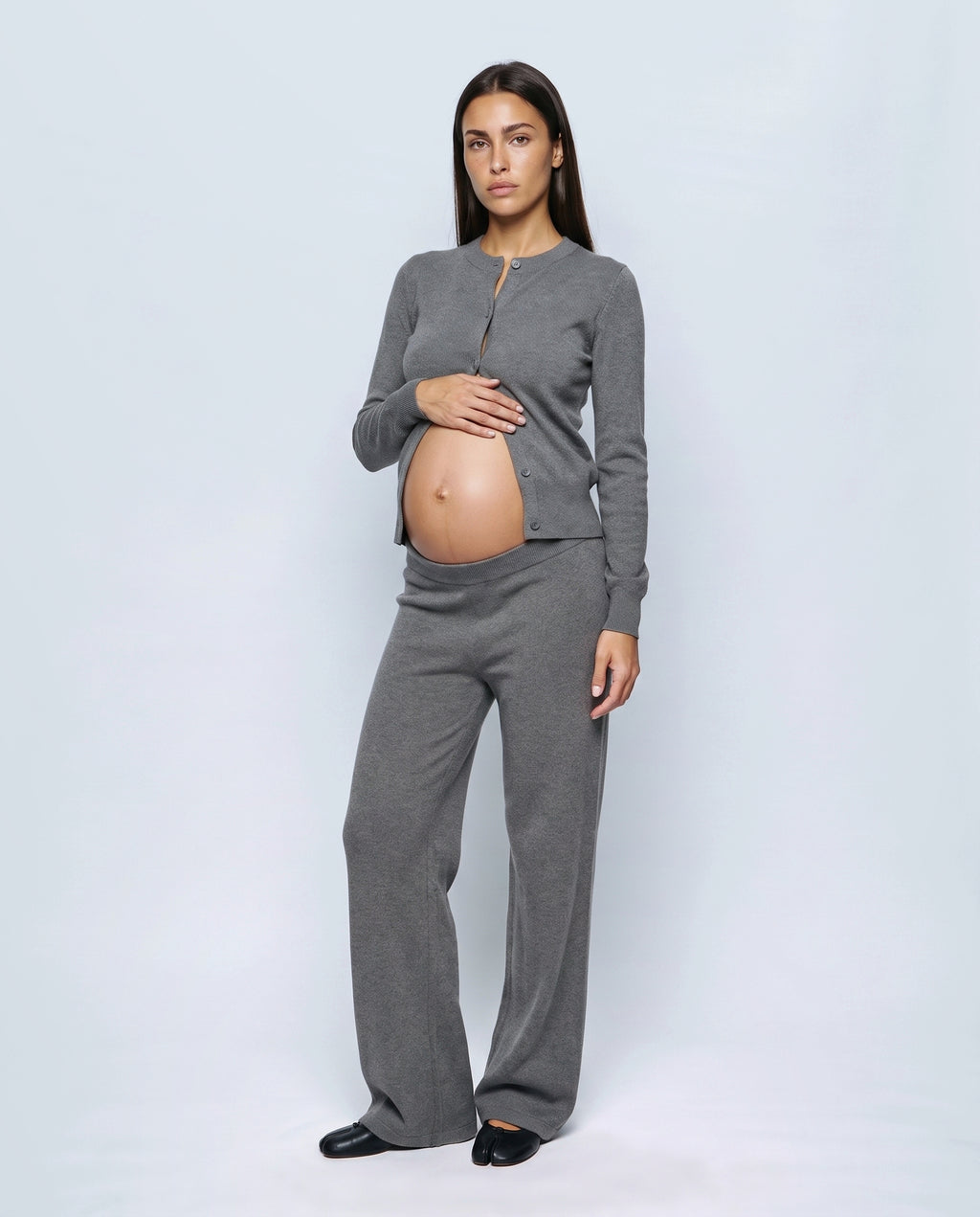 Celine Cardigan & Wide-Leg Knit Set in Heather grey, front view