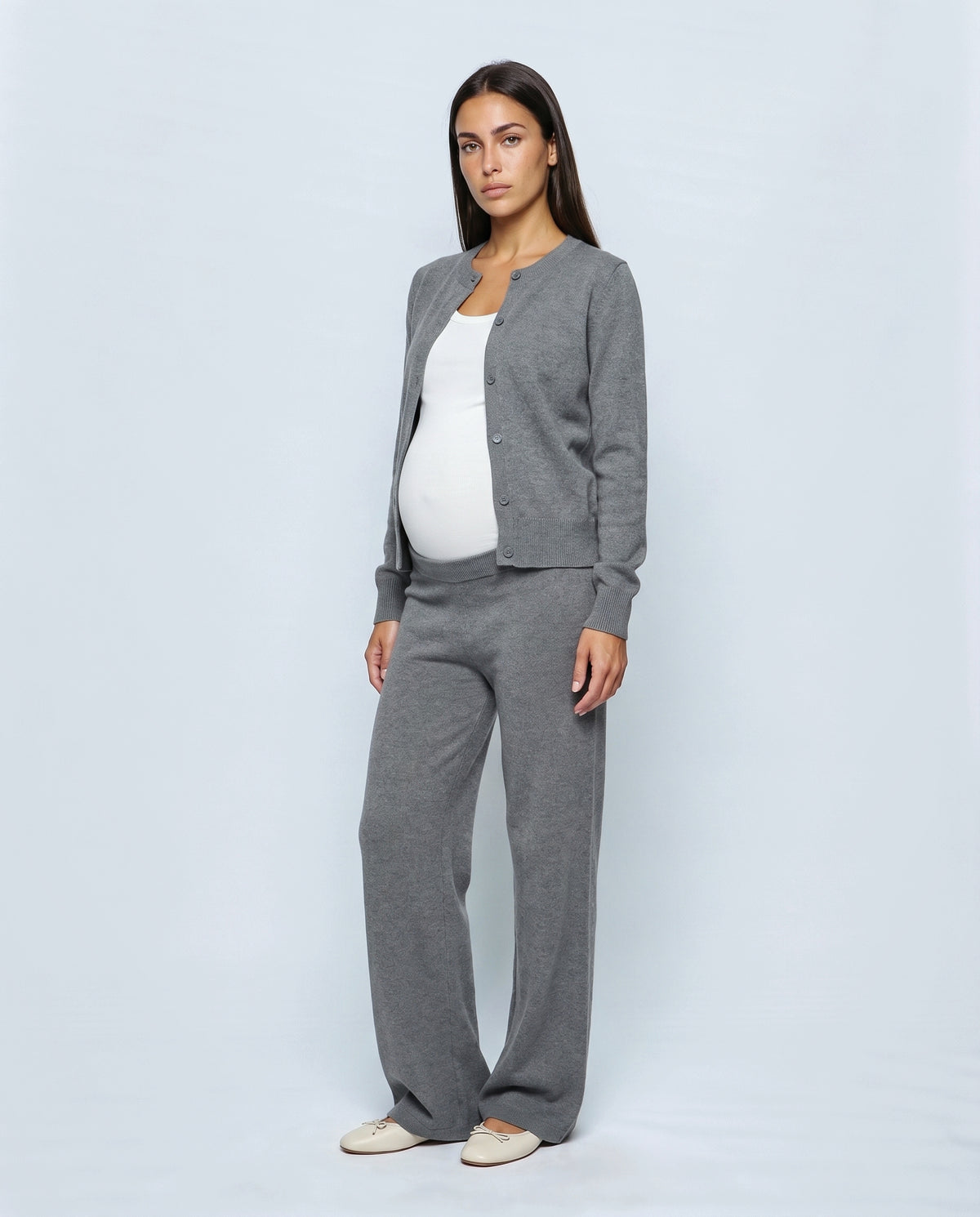 Celine Cardigan & Wide-Leg Knit Set in Heather grey, front view