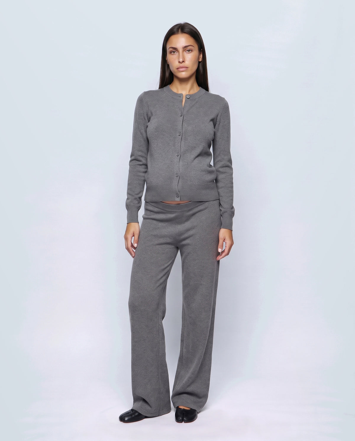 Celine Cardigan & Wide-Leg Knit Set in Heather grey, closed over the bump