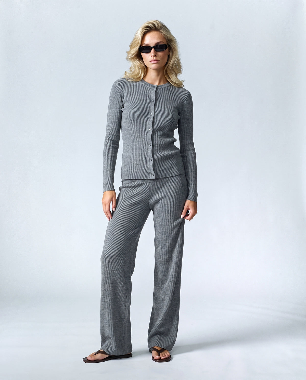 Celine Cardigan & Wide-Leg Knit Set in Heather grey, front view on a non-pregnant model