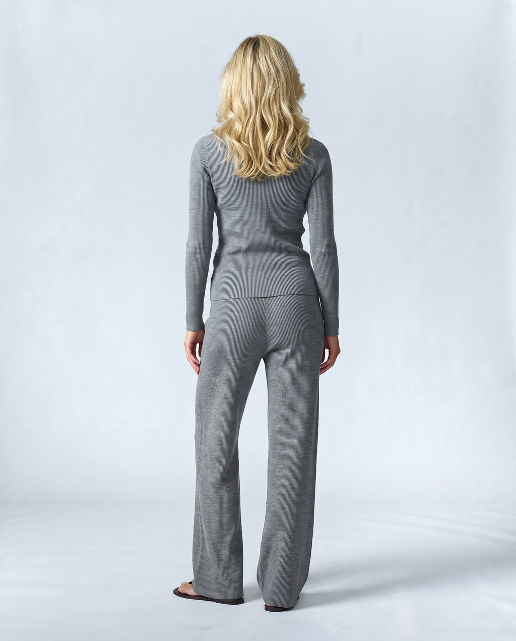 Celine Cardigan & Wide-Leg Knit Set in Heather grey, back view on a non-pregnant model