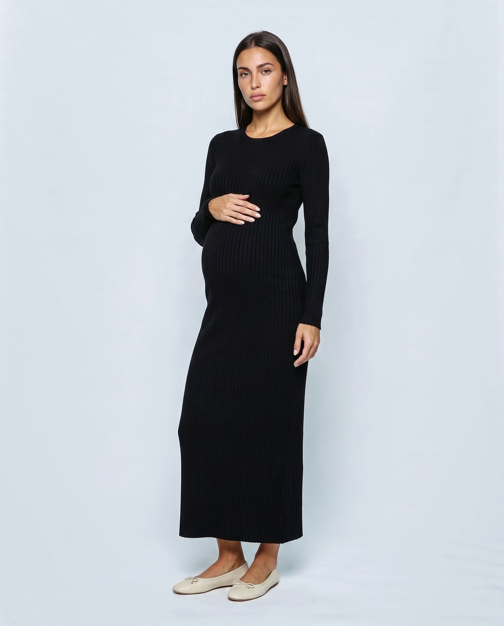 Leonie Long-Sleeve Maternity Dress in Black, front view