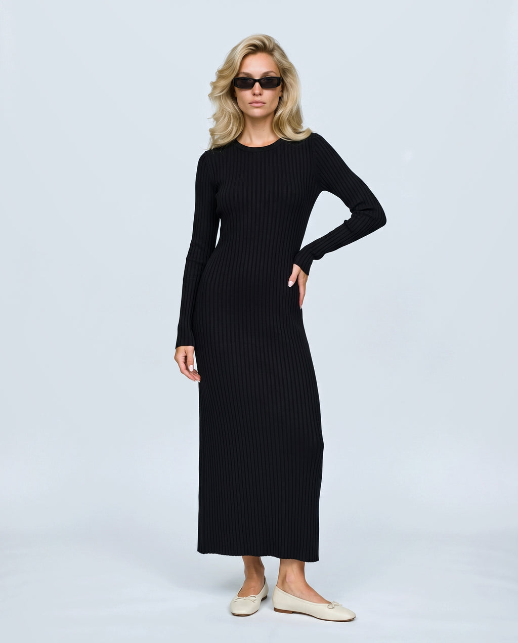 Leonie Long-Sleeve Maternity Dress in Black, front view on a non-pregnant model