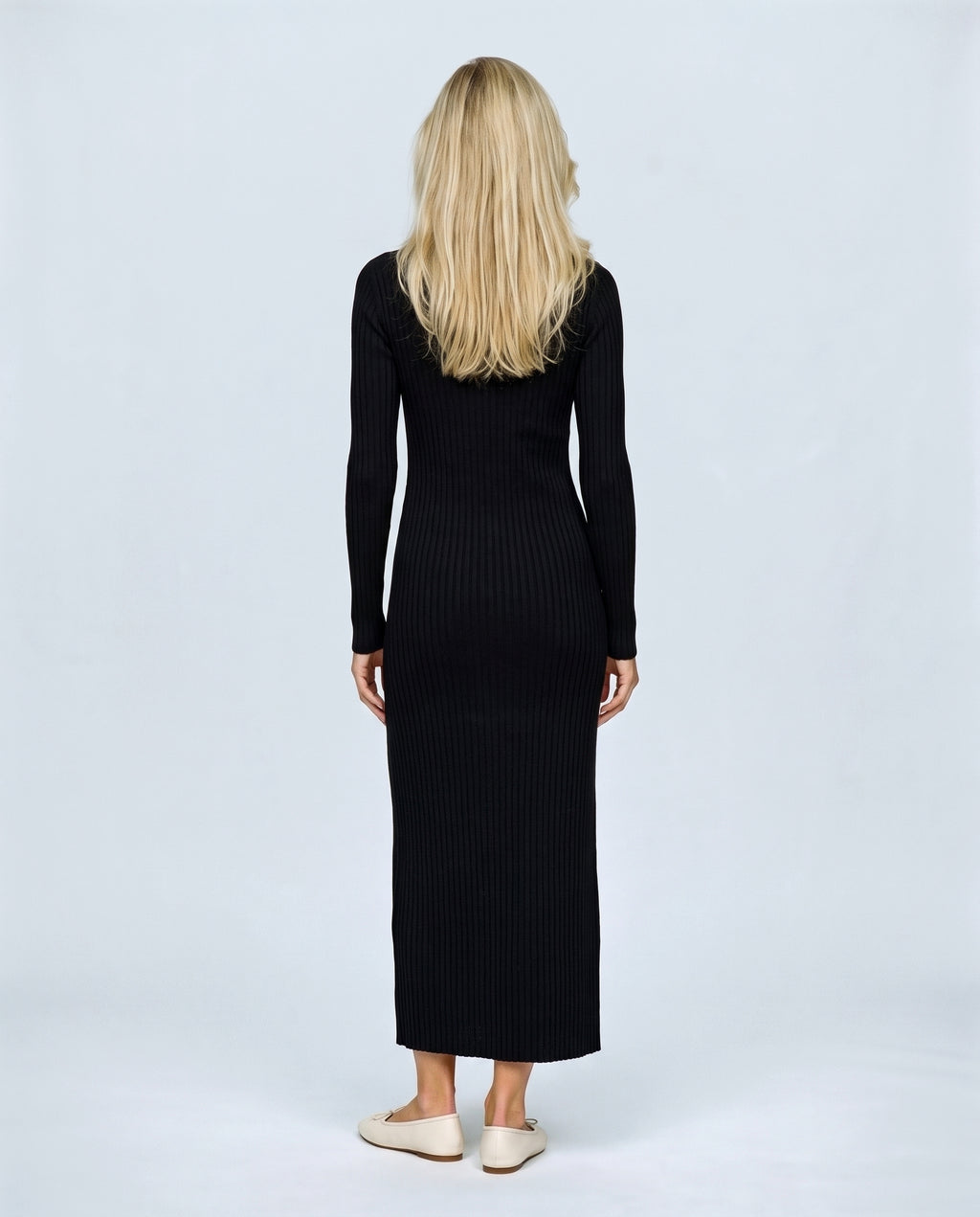 Leonie Long-Sleeve Maternity Dress in Black, back view on a non-pregnant model