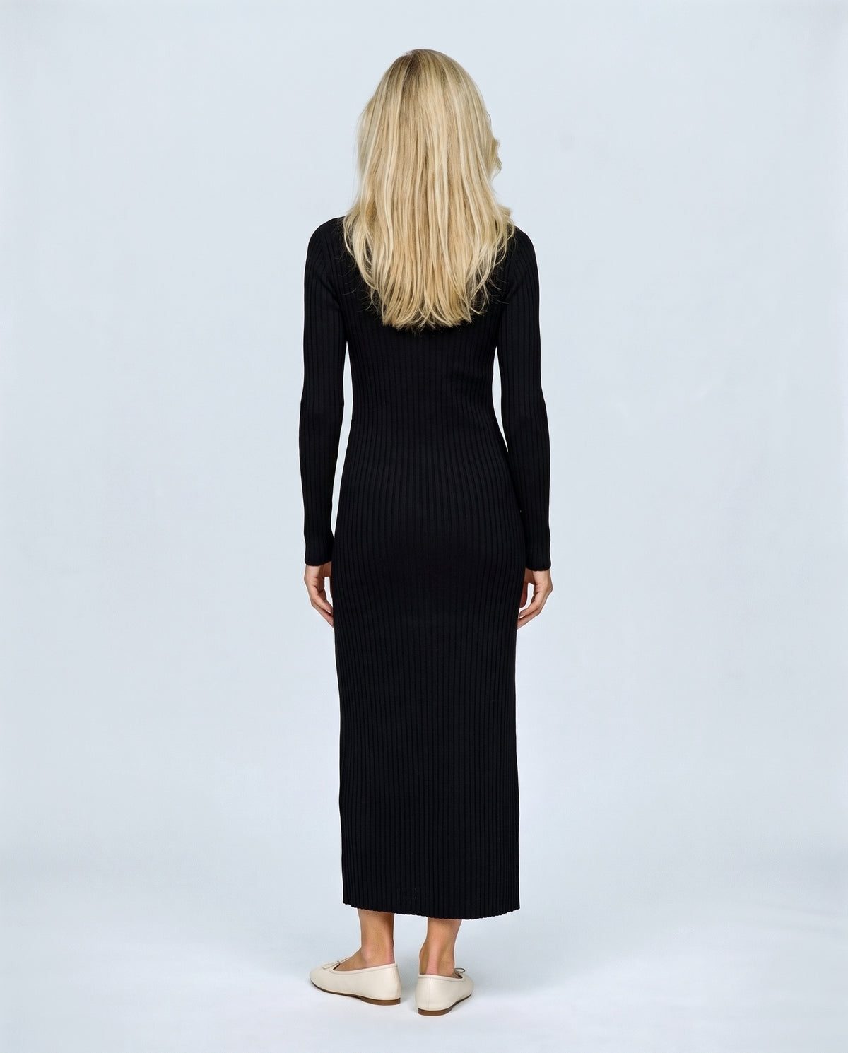 Leonie Long-Sleeve Maternity Dress in Black, back view on a non-pregnant model