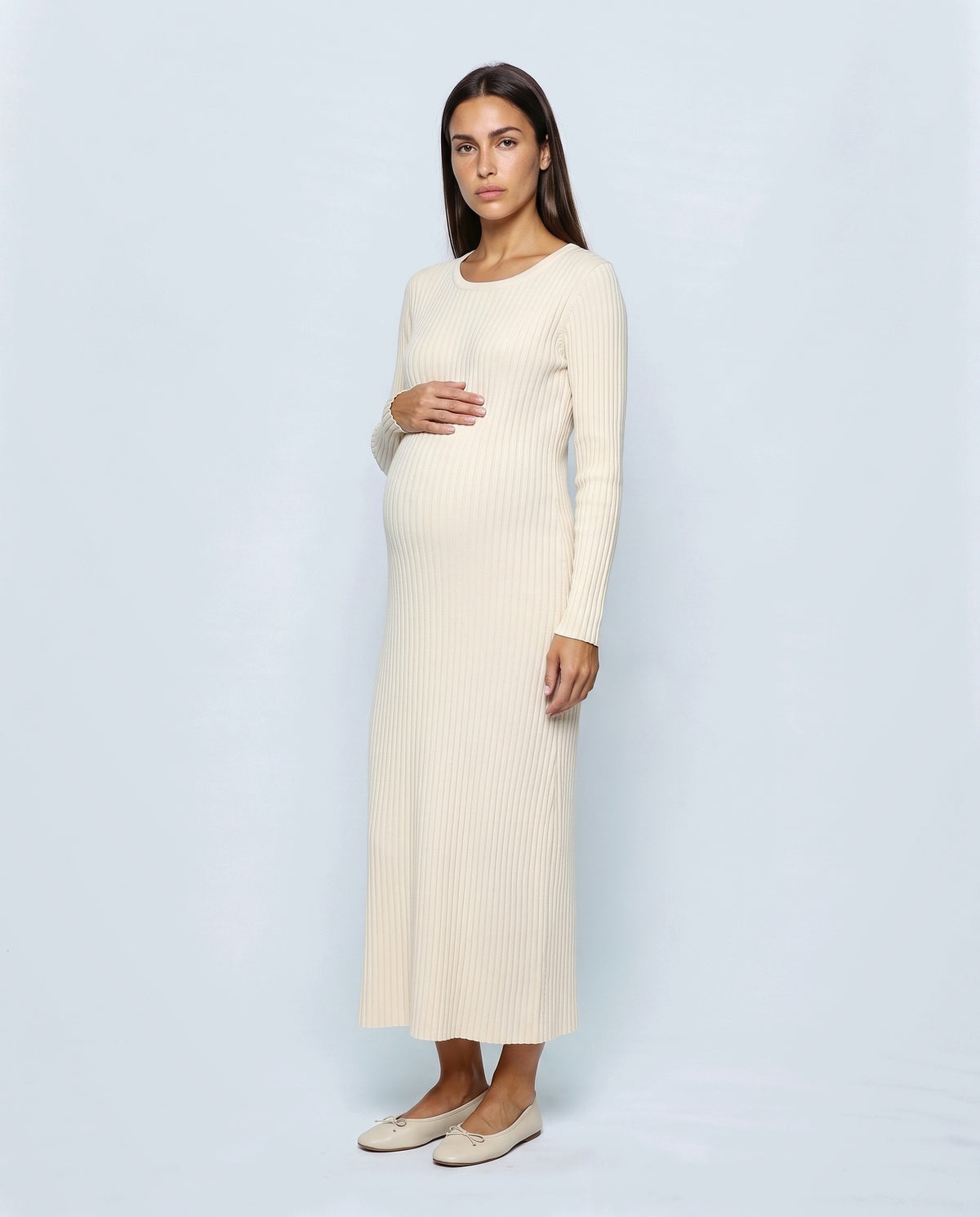 Leonie Long-Sleeve Maternity Dress in Cream, front view