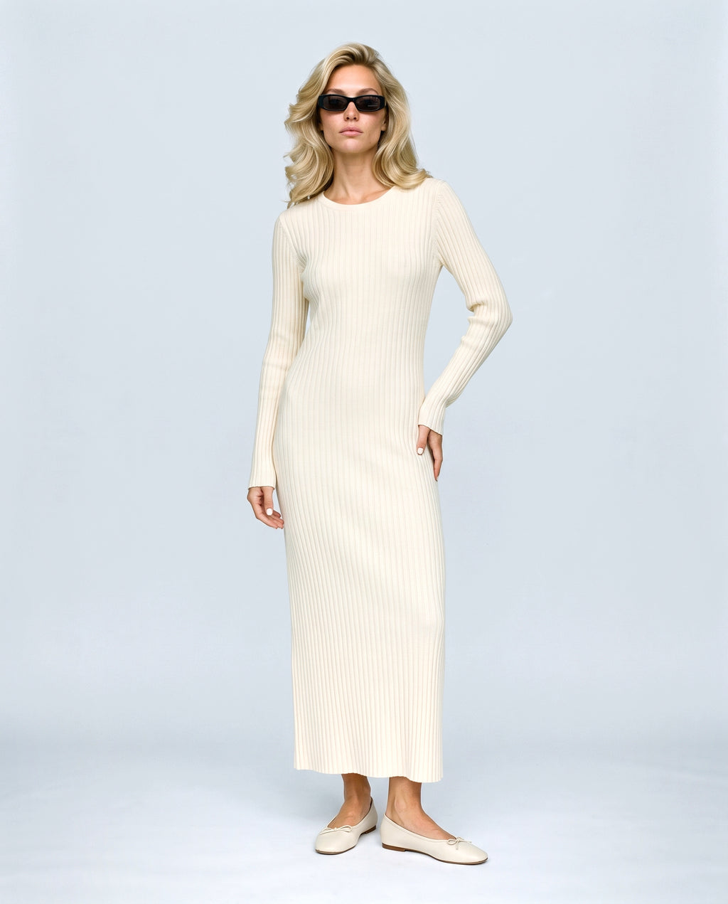 Leonie Long-Sleeve Maternity Dress in Cream, front view on a non-pregnant model