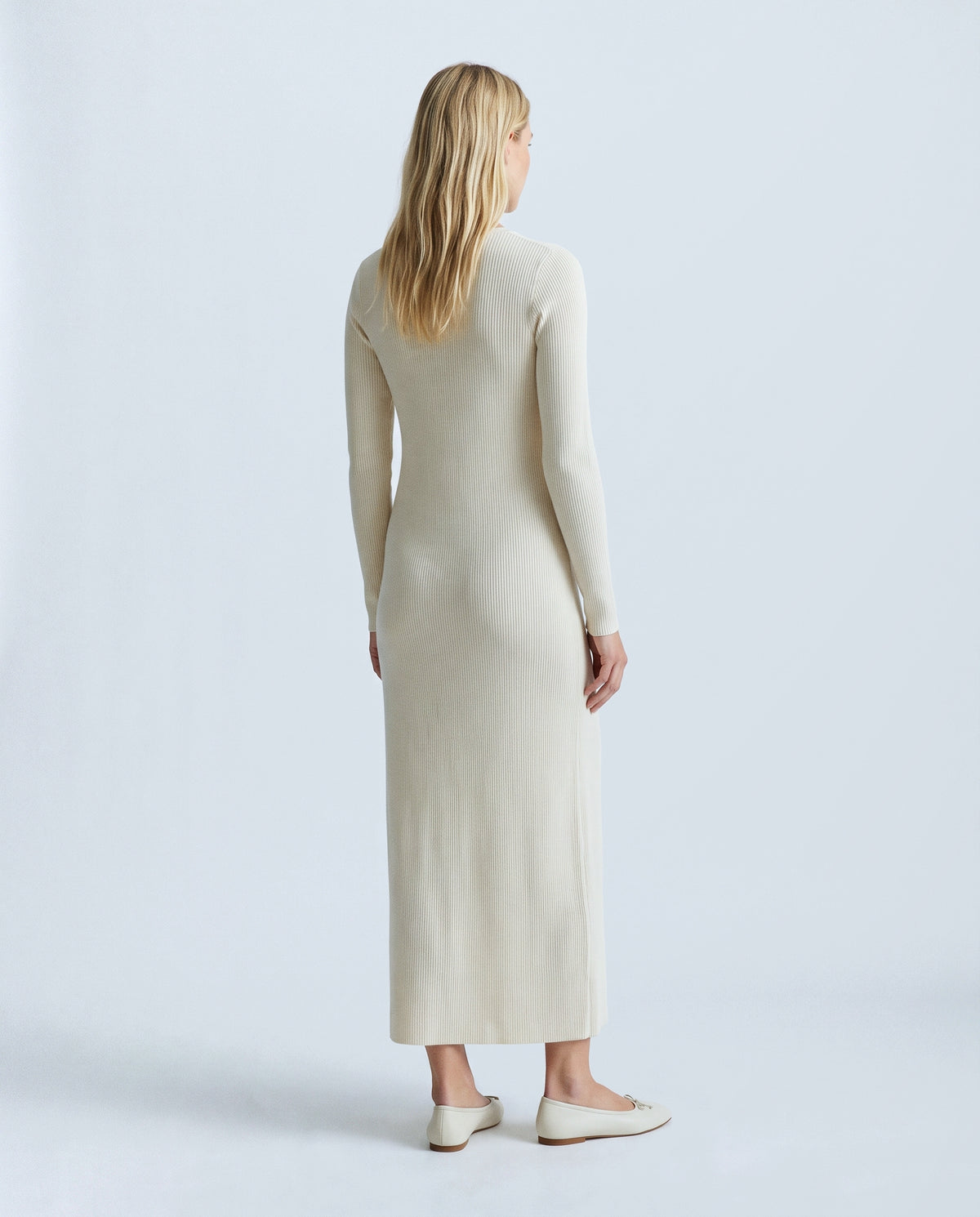 Leonie Long-Sleeve Maternity Dress in Cream, back view on a non-pregnant model