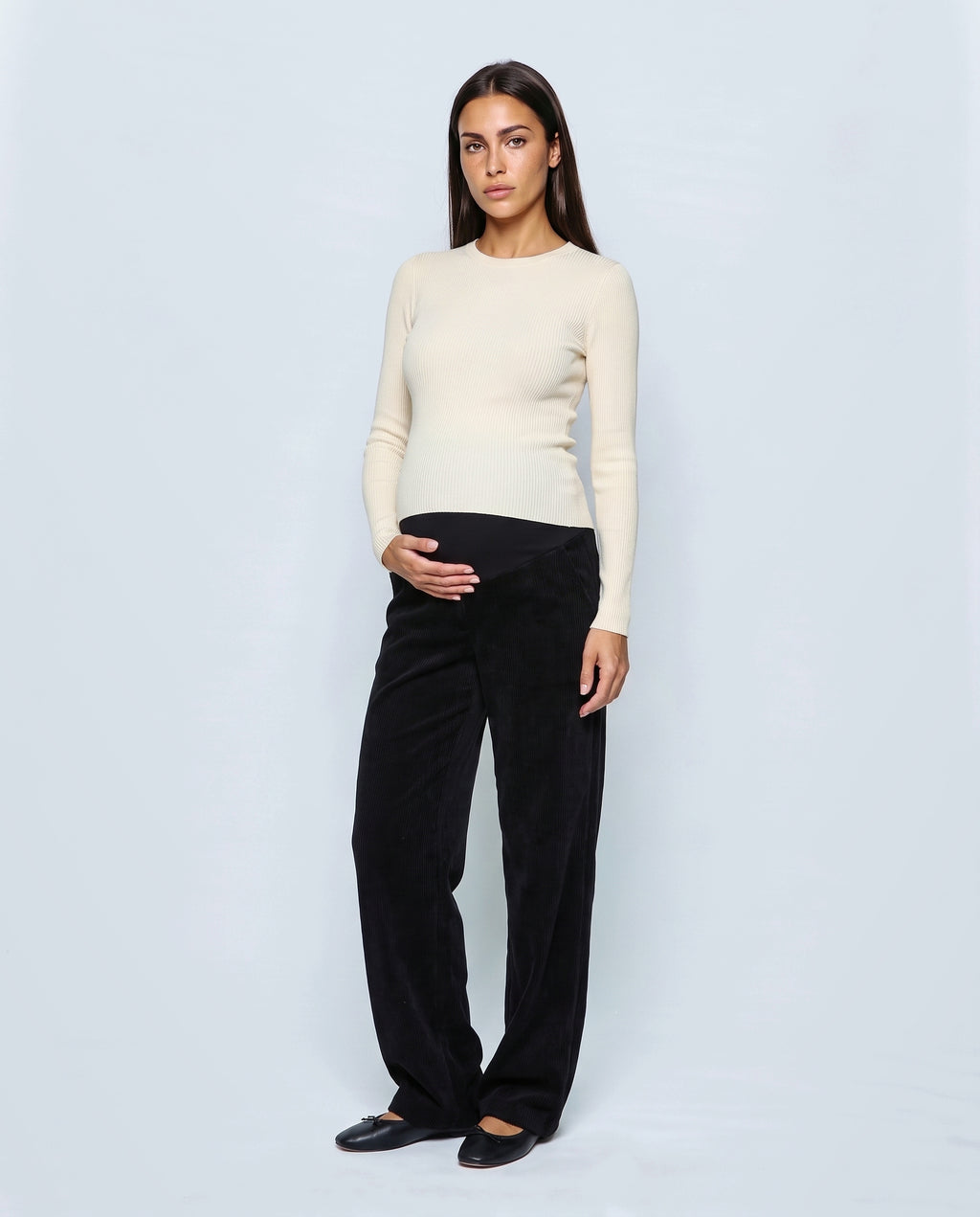 Alma Wide-Leg Maternity Corduroys in Black, front view