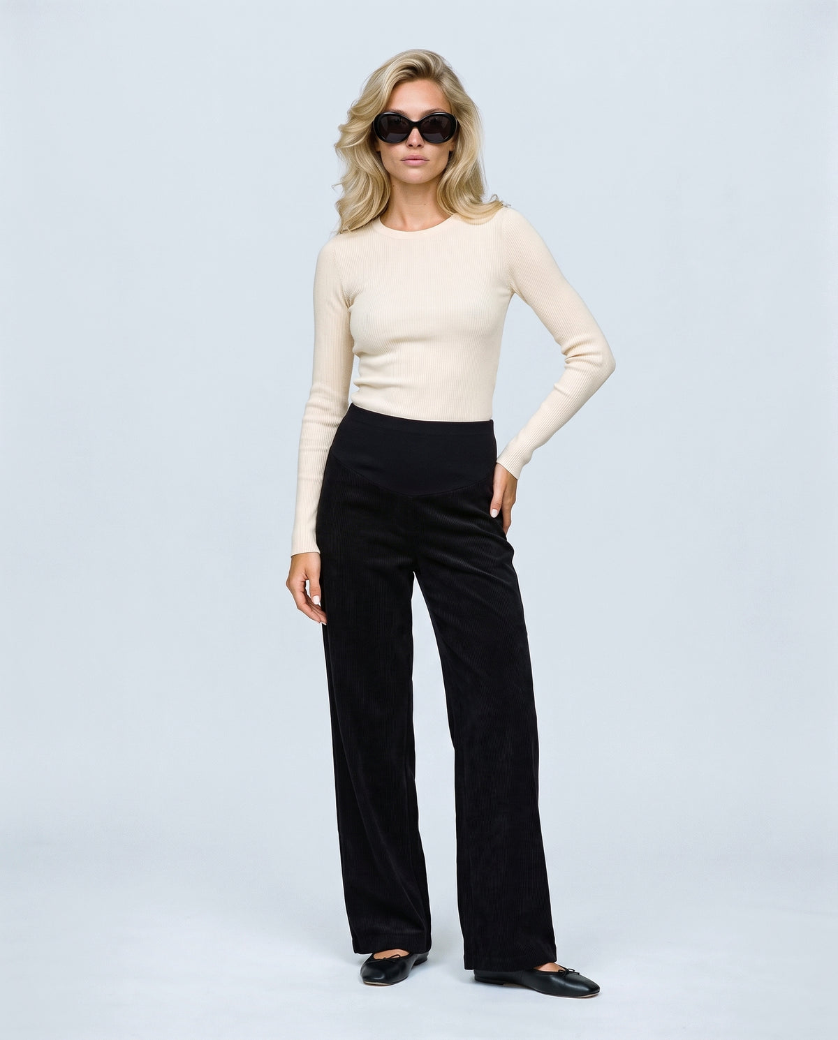 Alma Wide-Leg Maternity Corduroys in Black, front view on a non-pregnant model