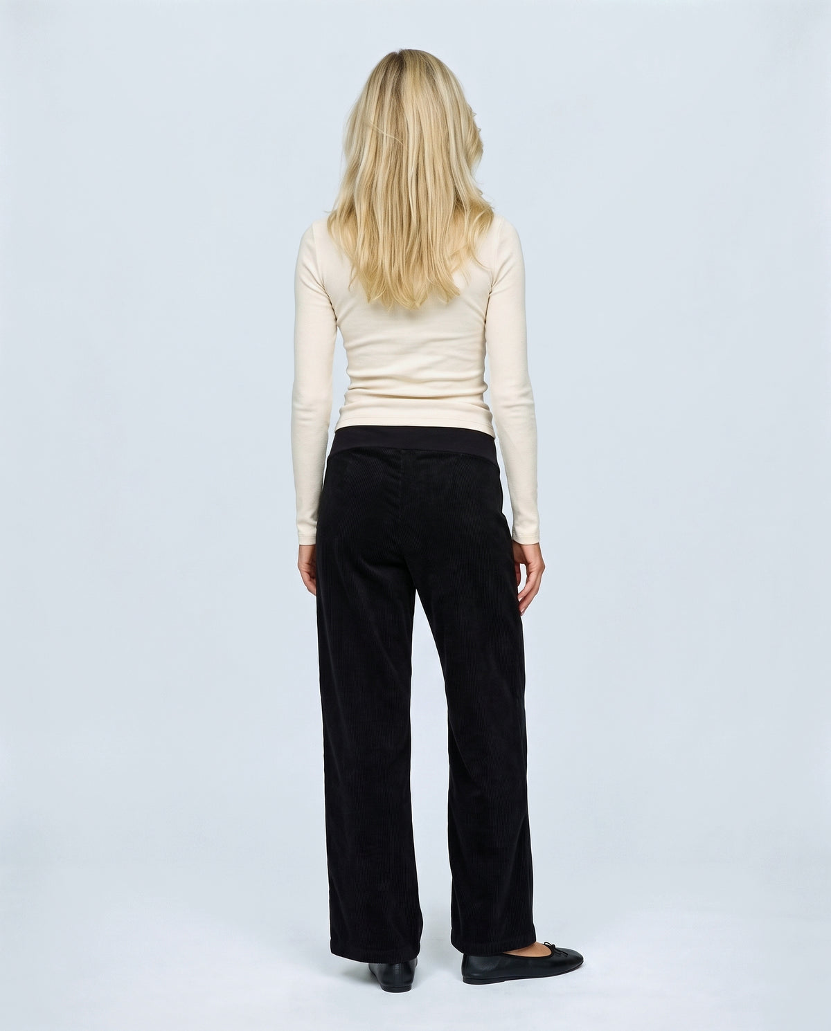 Alma Wide-Leg Maternity Corduroys in Black, back view on a non-pregnant model