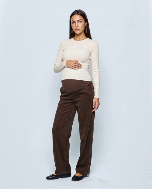 Alma Wide-Leg Maternity Corduroys in Dark coffee, front view