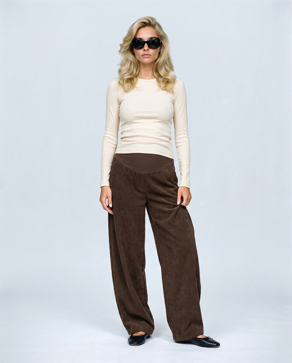 Alma Wide-Leg Maternity Corduroys in Dark coffee, front view on a non-pregnant model