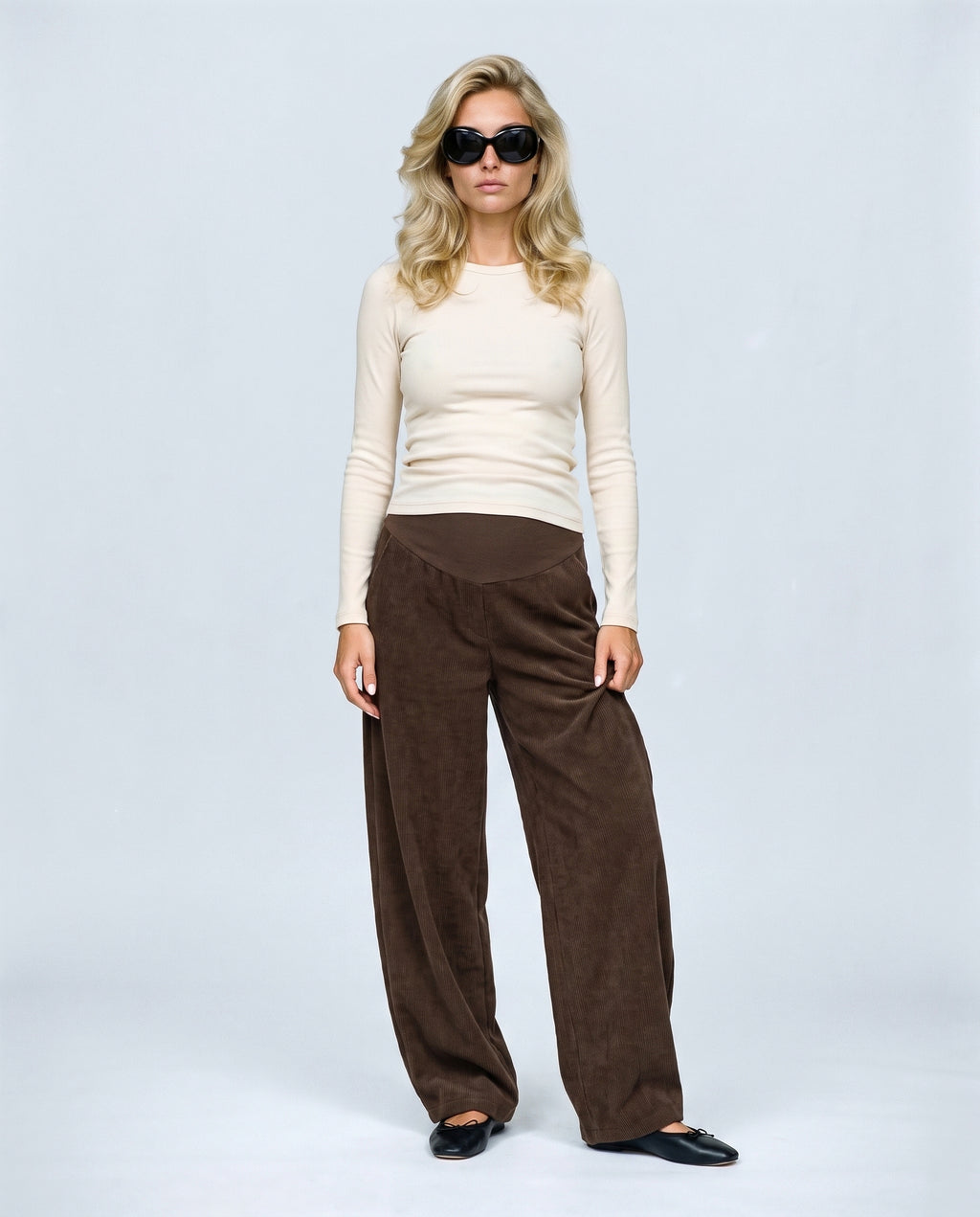 Alma Wide-Leg Maternity Corduroys in Dark coffee, front view on a non-pregnant model