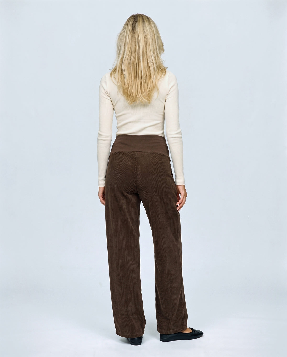 Alma Wide-Leg Maternity Corduroys in Dark coffee, back view on a non-pregnant model