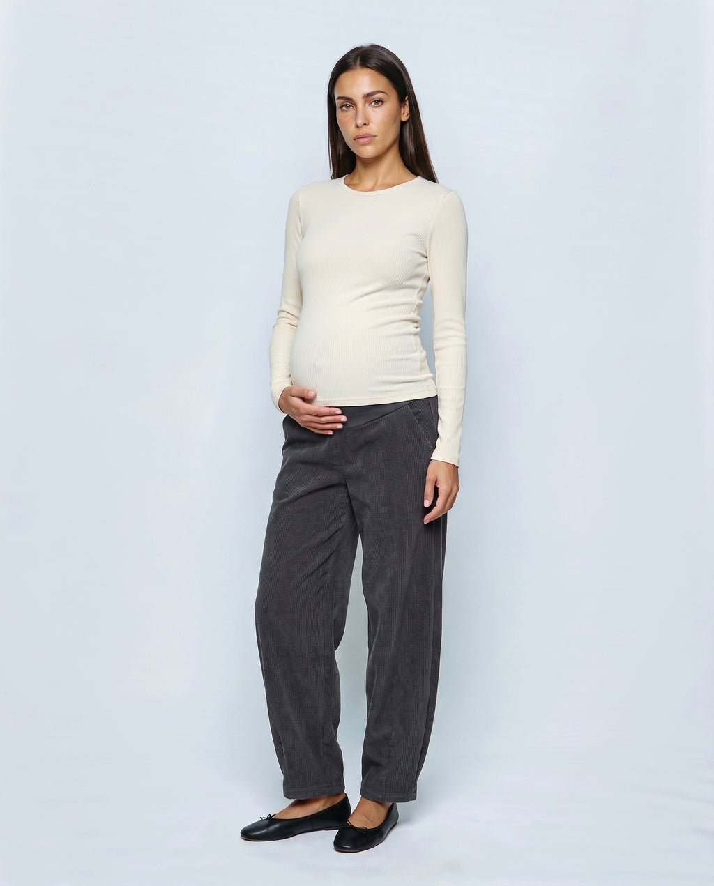 Alma Wide-Leg Maternity Corduroys in Dark grey, front view