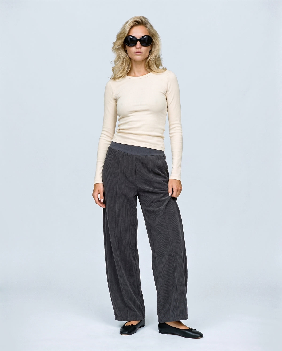 Alma Wide-Leg Maternity Corduroys in Dark grey, front view on a non-pregnant model