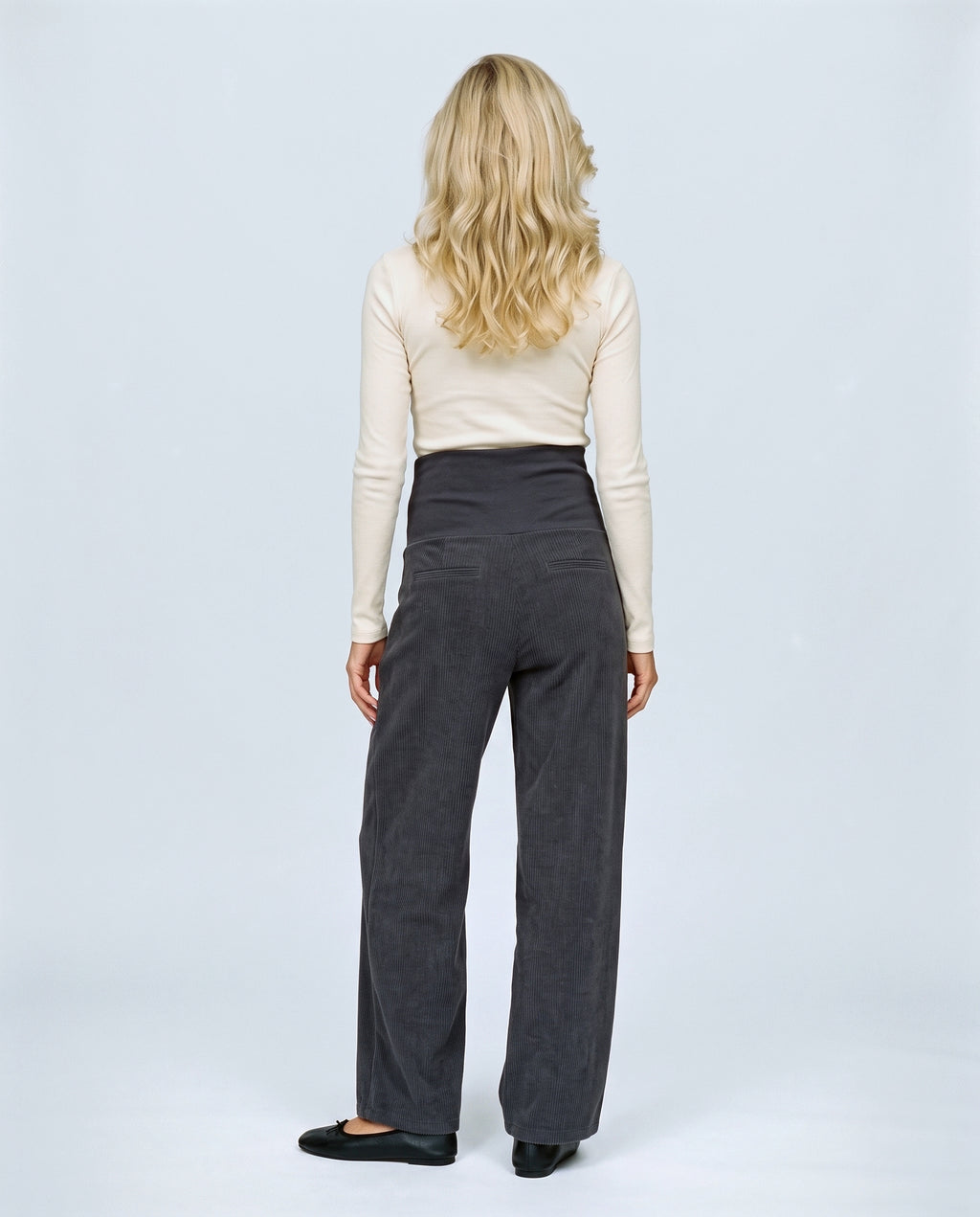 Alma Wide-Leg Maternity Corduroys in Dark grey, back view on a non-pregnant model