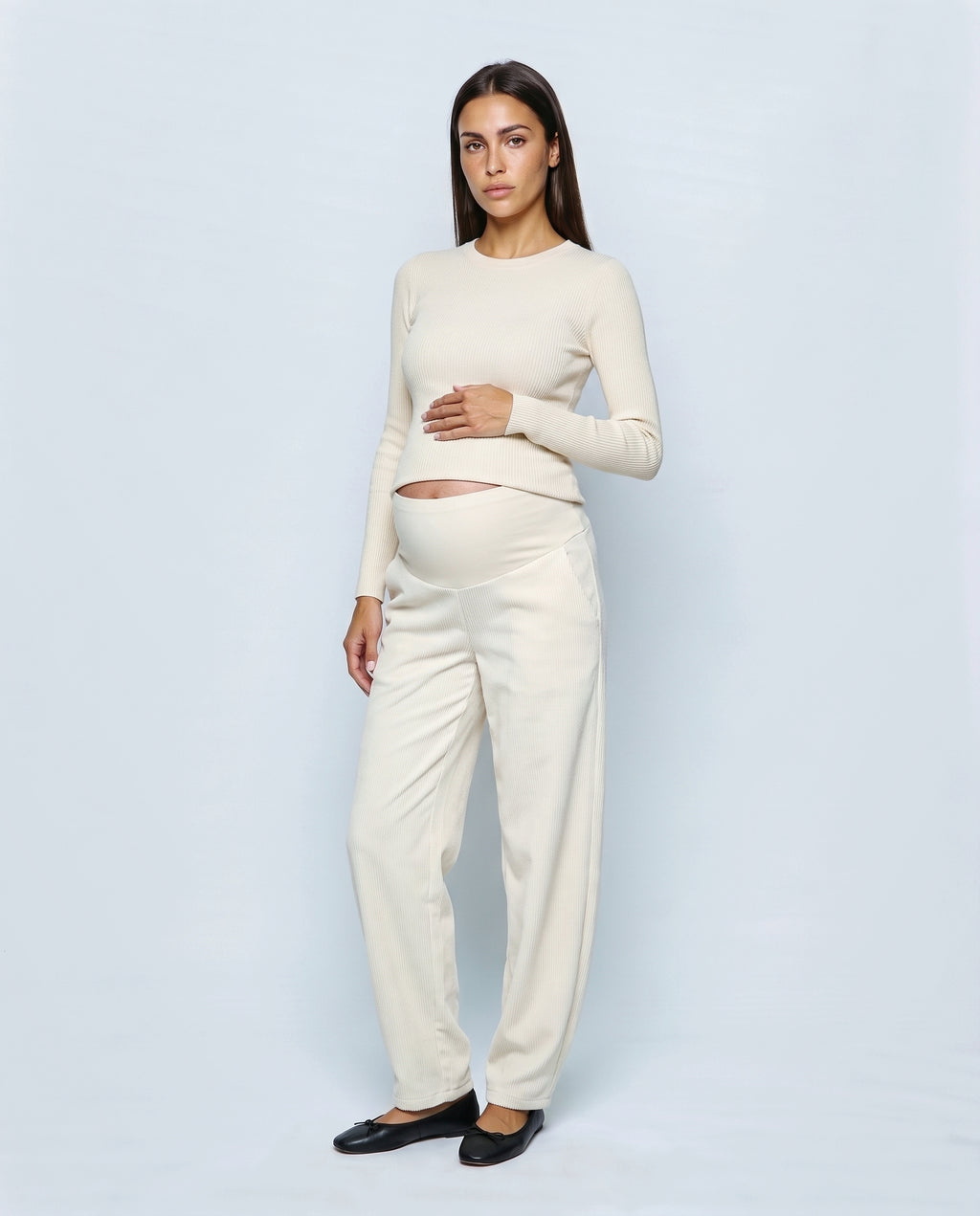 Alma Wide-Leg Maternity Corduroys in Off-white, front view