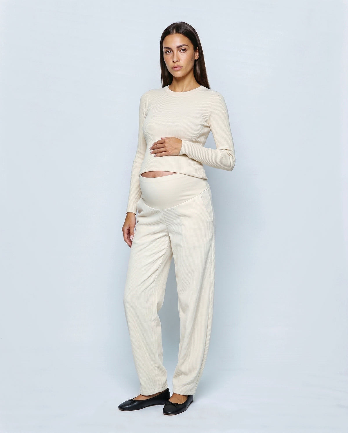 Alma Wide-Leg Maternity Corduroys in Off-white, front view