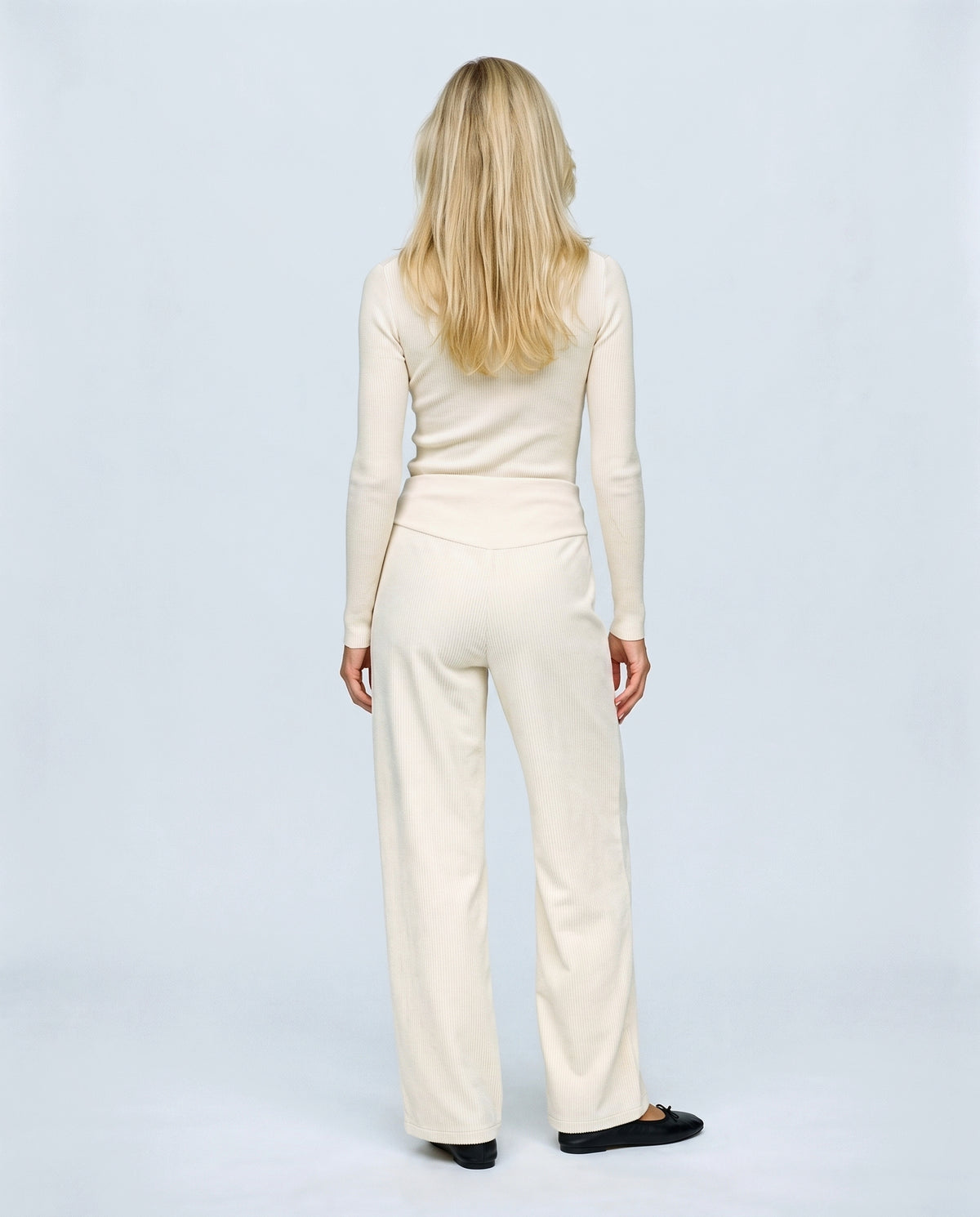 Alma Wide-Leg Maternity Corduroys in Off-white, back view on a non-pregnant model