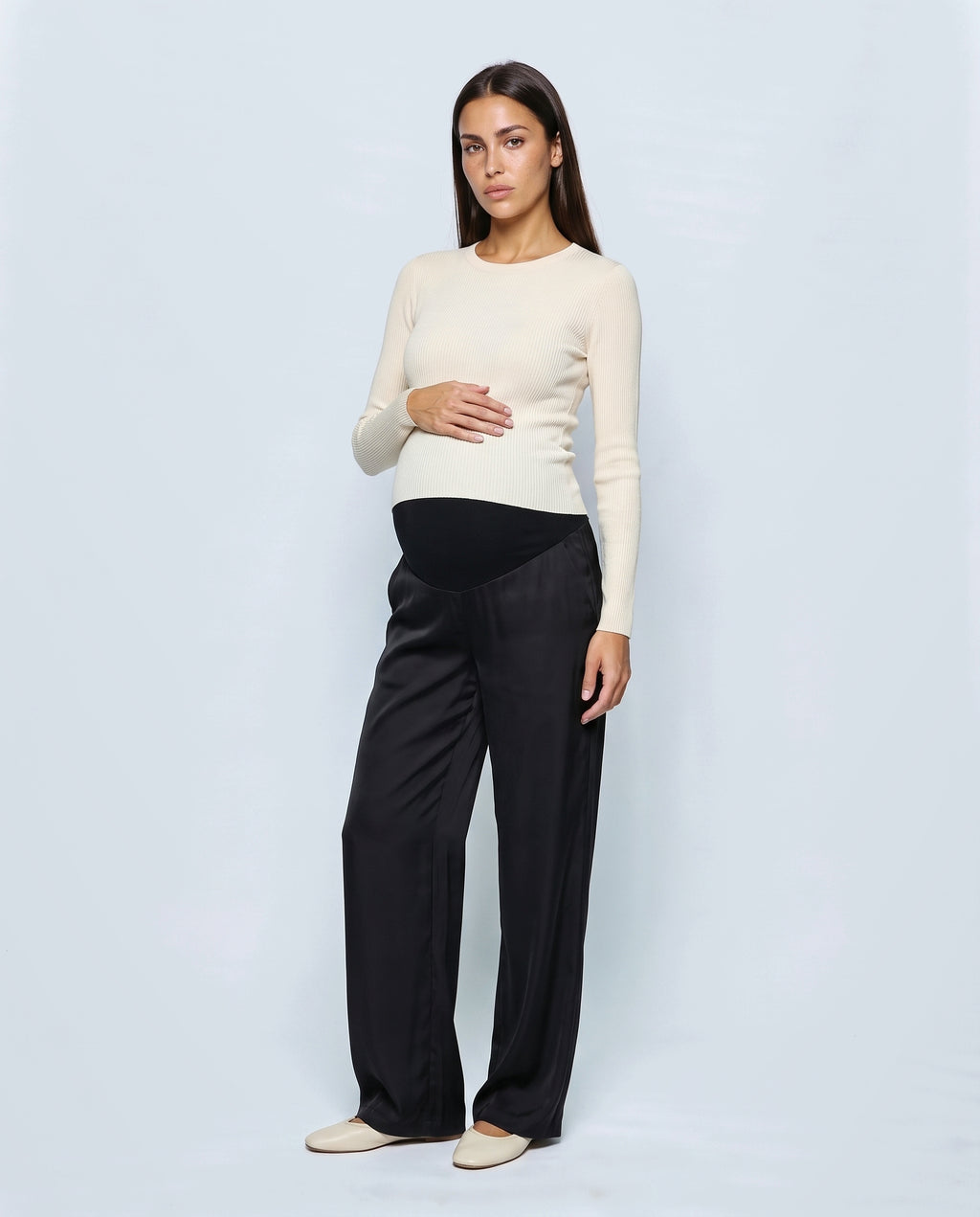 The Fluid Maternity Wide-Leg Trousers in Black, front view