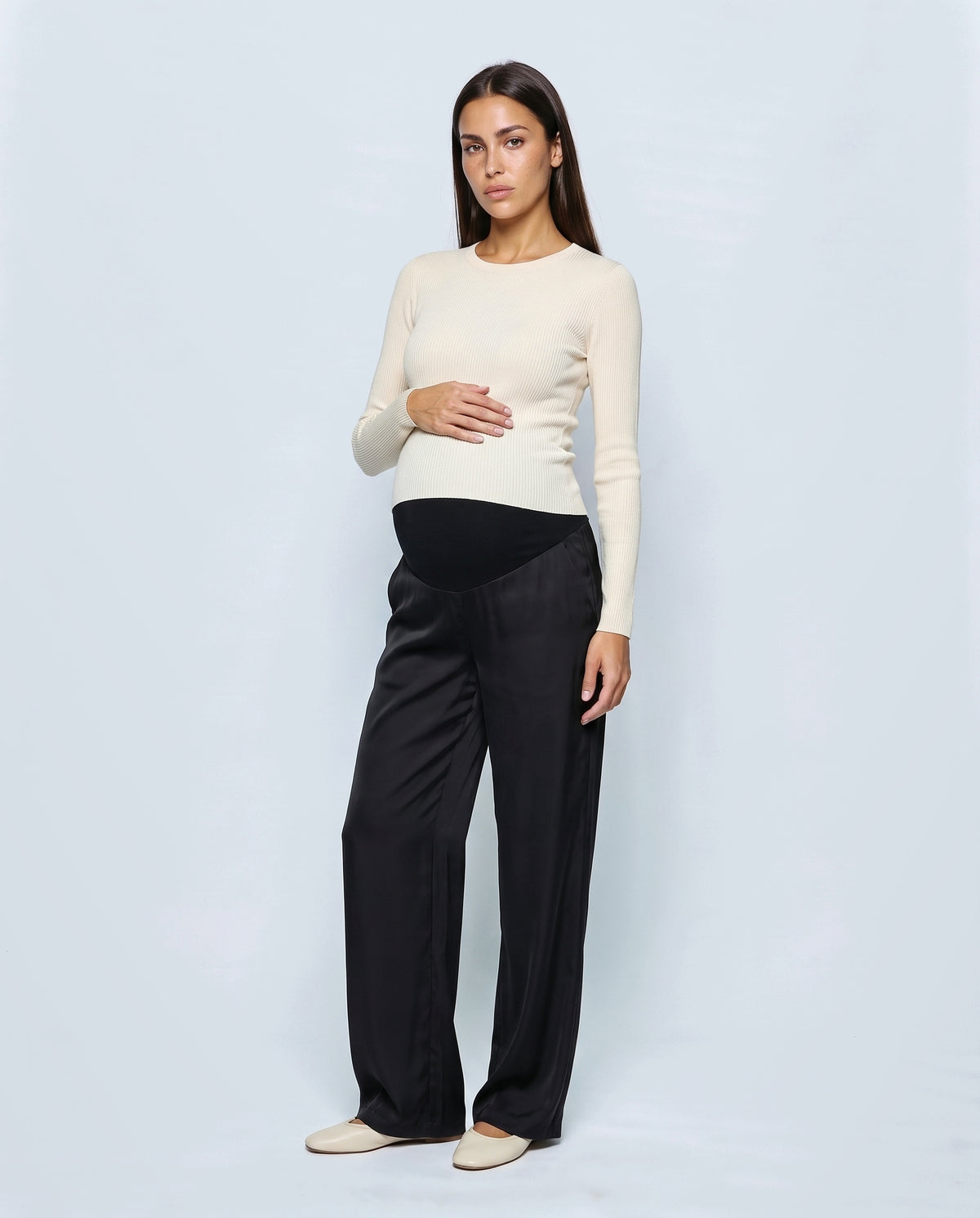 The Fluid Maternity Wide-Leg Trousers in Black, front view