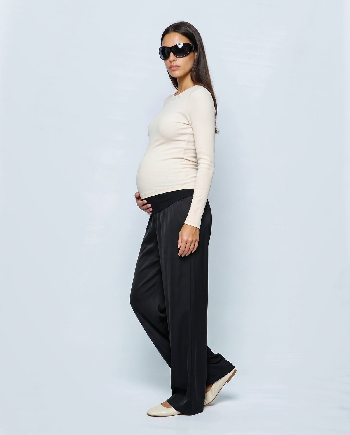 The Fluid Maternity Wide-Leg Trousers in Black, side view