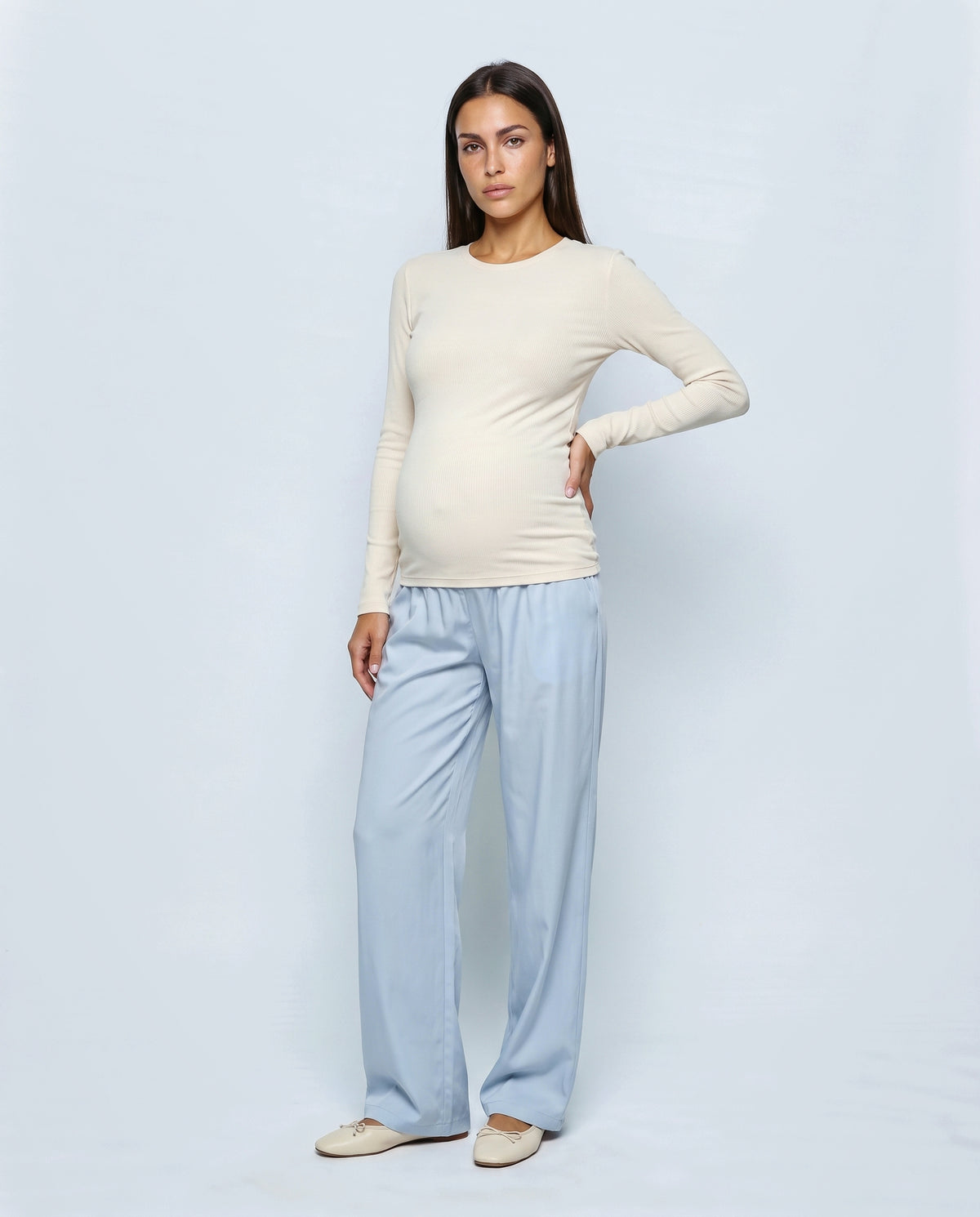 The Fluid Maternity Wide-Leg Trousers in Powder blue, front view