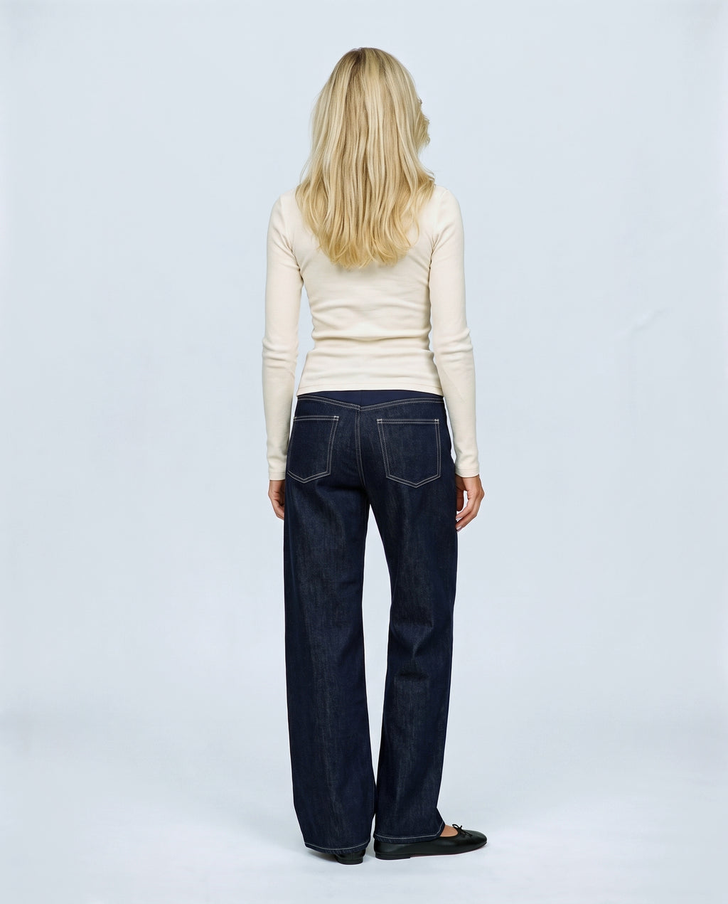 Romy Panelled Maternity Jeans in Dark indigo, back view on a non-pregnant model