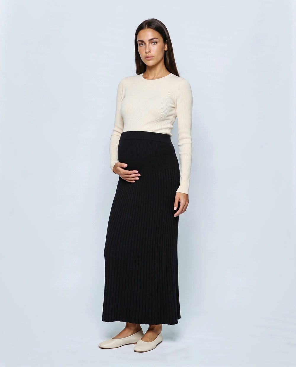 Ines Pleated Maternity Knit Skirt in Black, front view