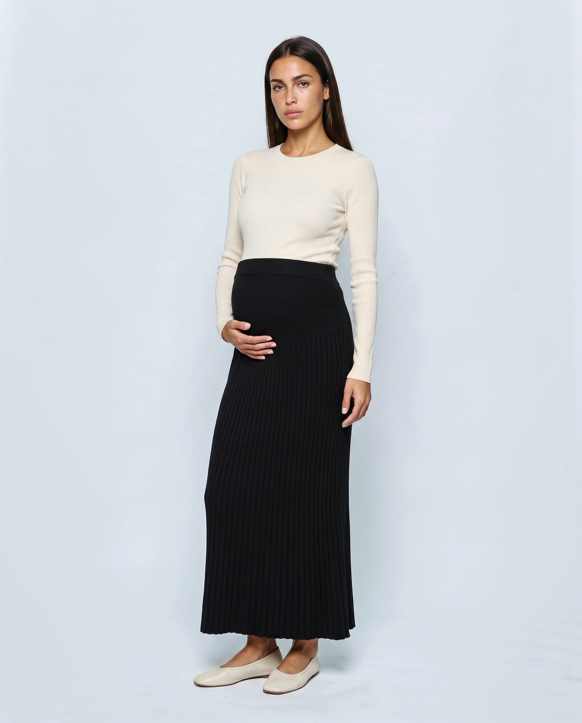 Ines Pleated Maternity Knit Skirt in Black, front view