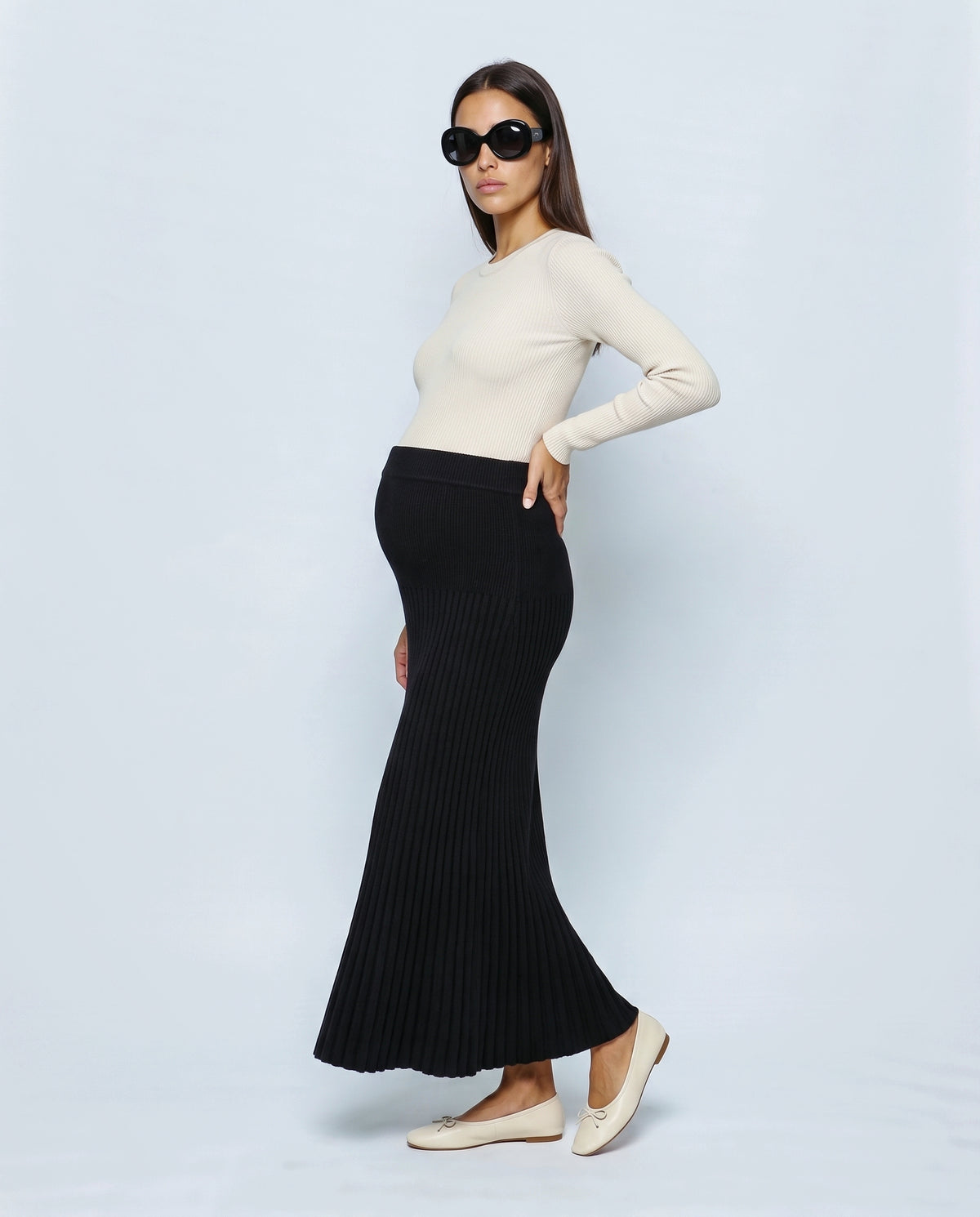 Ines Pleated Maternity Knit Skirt in Black, side view